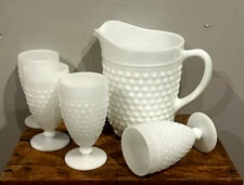 Vintage Mid Century Milk Glass Hobnail 64 oz. Pitcher & 8 Water Goblets (10C)