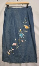 VTG Blair Floral Embroidered Boho Denim MED Maxi Skirt Side Slits Elastic Waist