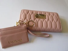 Bebe Jennis Zip Around Quilted Wristlet Wallet Pink With Credit Card Holder NWT