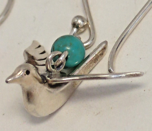 VTG Sue B Designs Signed Sterling .925 Silver Earrings Birds Turquoise Beads