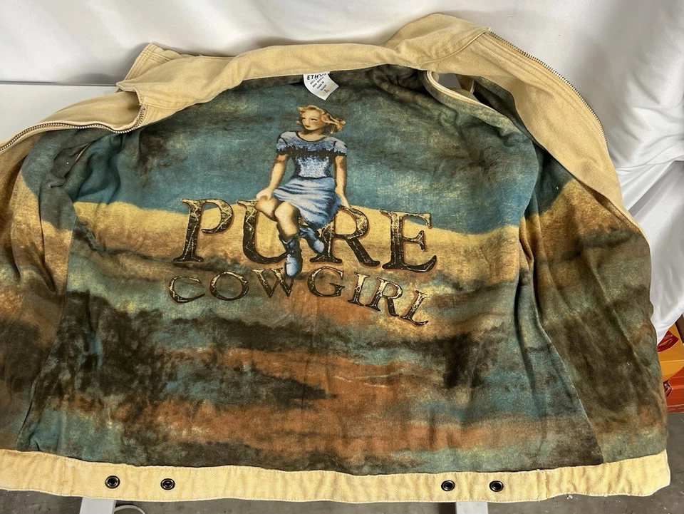 Chaleco de mezclilla etílico para mujer talla mediana tostado forro estampado vaca niña cremallera completa Foto 2 de 4