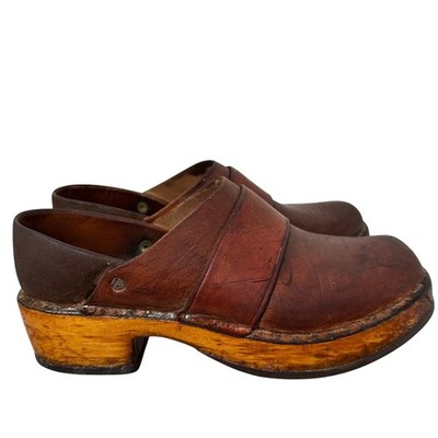   VINTAGE SCANDINAVIAN BROWN LEATHER WOODEN CLOGS HANDMADE SLIP ON WOMEN'S EU 39