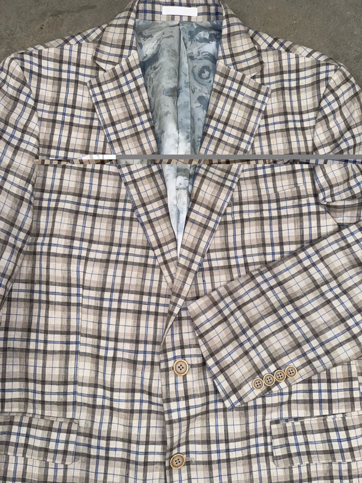 Chaqueta Blazer Tallia 100% Lino Para Hombre 46L Azul Tostado Cuadros Abrigo Deportivo Usado en Excelente Condición Foto 3 de 4