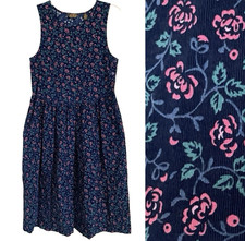 VTG Eddie Bauer Jumper Midi Dress M Corduroy Sleeveless Floral Modest Pinafore