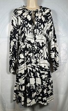 Very black & cream butterfly wing pattern long-sleeve flared tunic tea dress, 14