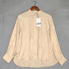 Zara Top Womens M Beige Long Sleeve Button Front High-Low Hem Flowing Blouse NWT