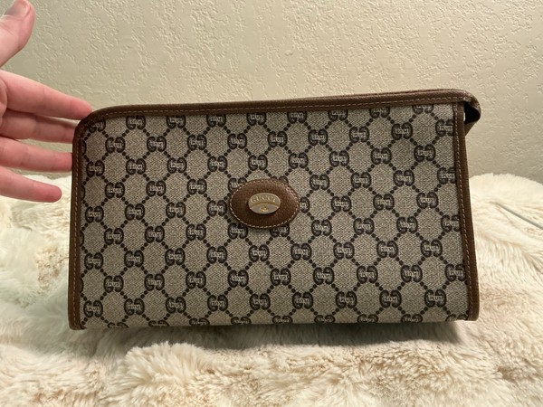 Vintage Gucci Plus Monogram Canvas Brown Leather Wallet Clutch Gold Tone