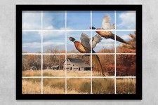 ready to hang ceramic tile mural backsplash. flying pheasants, farm barn