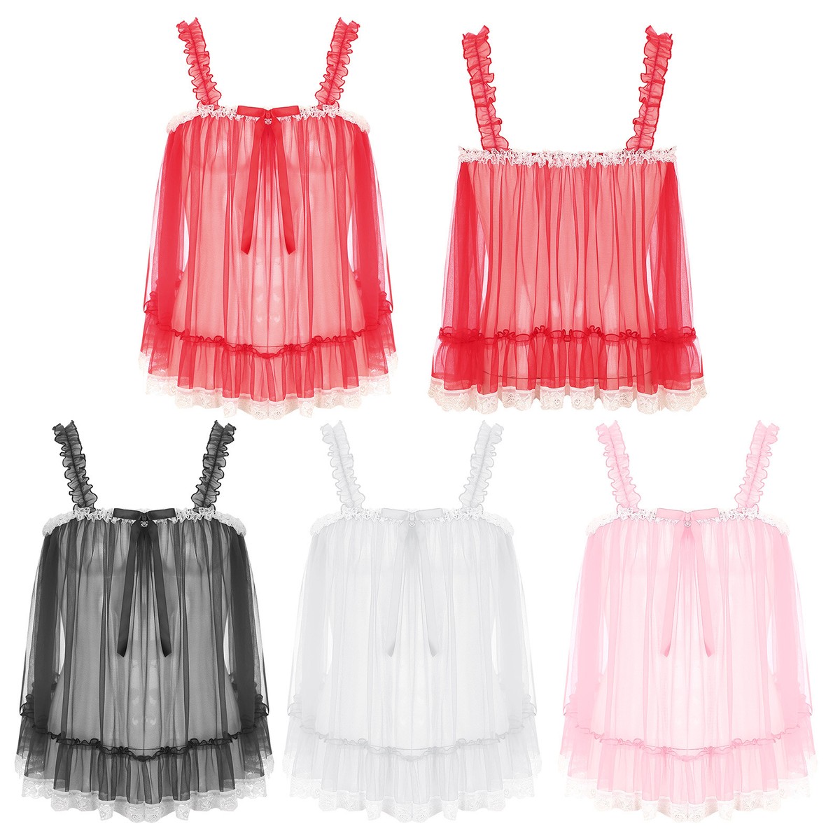 Men Sissy Lace Ruffled Straps Camisole Undershirt Tank Top