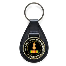 US Army Ordnance Corps Veteran Black Leather Keychain Silver Keyring