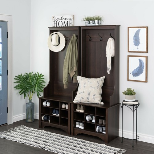 Espresso Narrow Wooden Hall Tree Shoe Storage Cubbies Entryway Coat