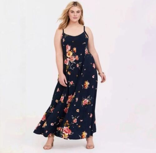 NWT Torrid Maxi Challis Trapeze Dress Women’s Size 3x 22/24 Blue Floral Summer