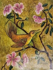 Brown Bird Painting With Pink Flowers,  Green Leaves 10x12