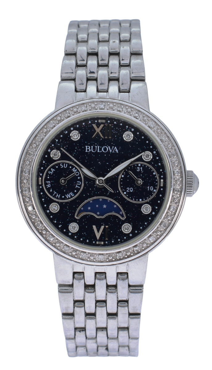ルナ　0210 Ladies Bulova Stainless Steel Moon Phase Diamond Stary Night Watch