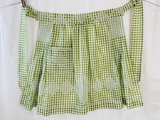 Vintage Green  White Gingham Check Cotton Farmhouse Half Apron Cross Stitch