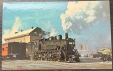 MILWAUKEE 1038 STEAM LOCOMOTIVE MADISON WISCONSIN STATION 1950 COLOR POSTCARD