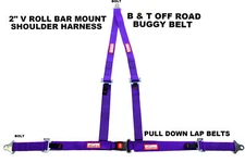 2" B&T BUCKLE & TONGUE V ROLL BAR MOUNT HARNESS. 3 POINT BUGGY BELT PURPLE