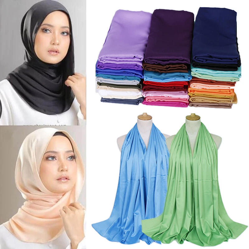 Women Solid Satin Silk Scarf Hijab Muslim Soft Large Square Head Neck Wrap  Decor