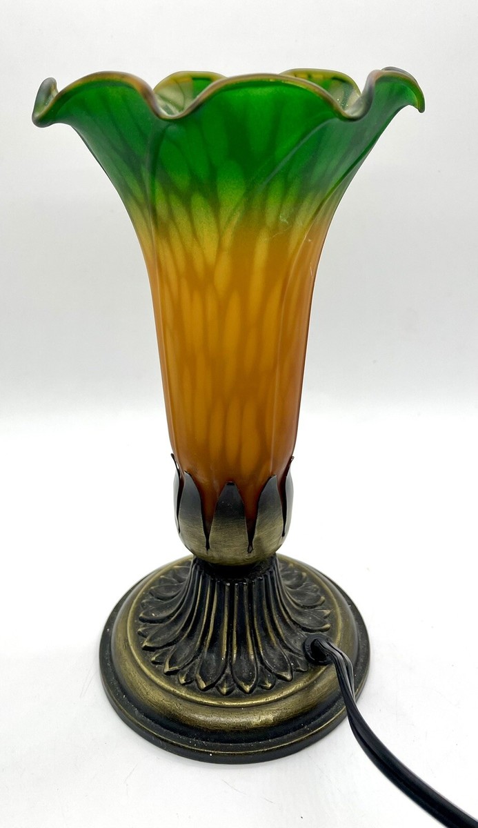 Vintage Tulip Shade Lamp Green & Amber Frosted Glass Antique