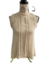 Entro Desert Sand Sleeveless Boho Blouse Crochet Lace Accents Flowy Fit Sz Small