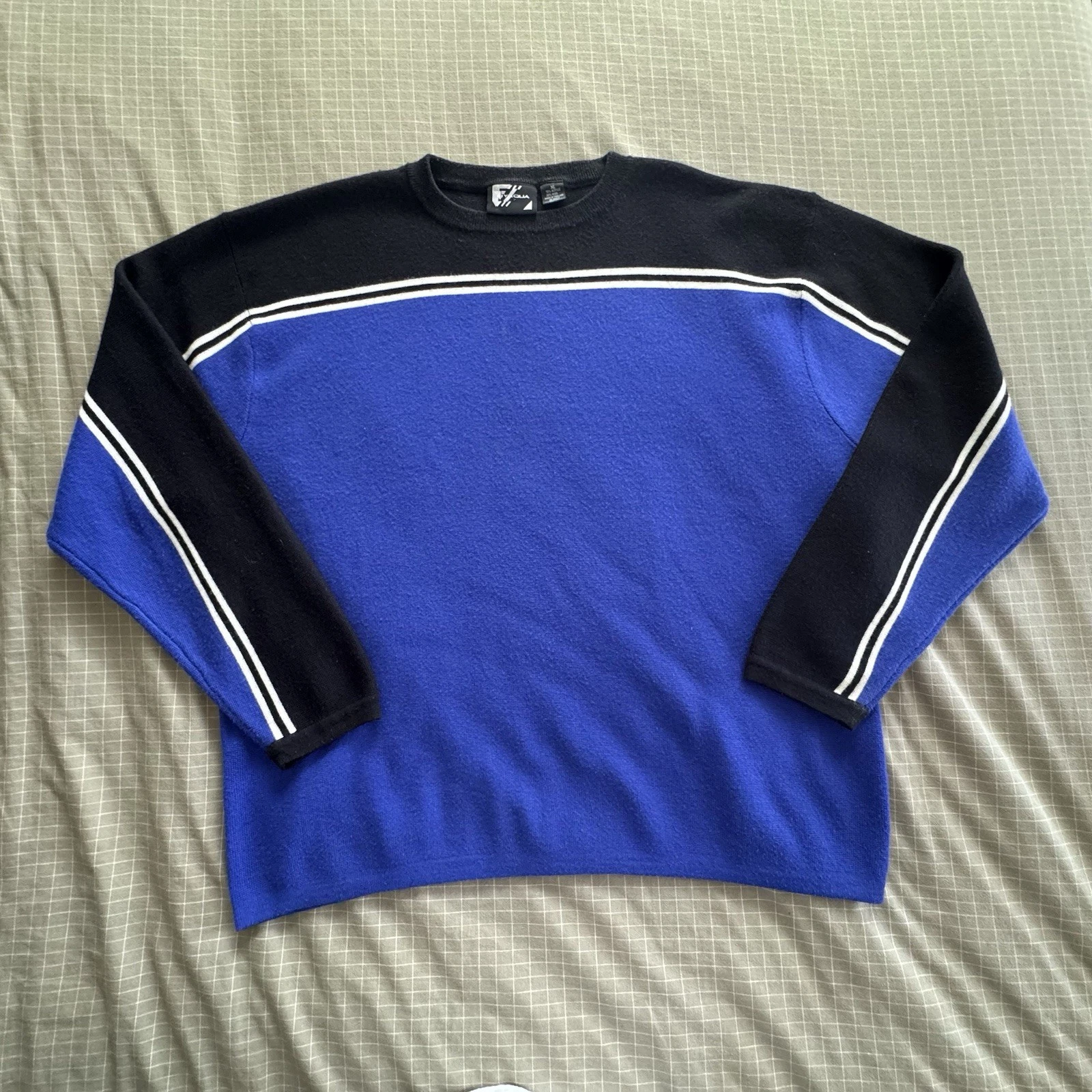 Vintage 90s Tyrolia Striped Knit Blue Black White Acrylic Wool XL Crew Neck