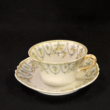 H&Co Limoges Haviland Flared Cup & Saucer Laural Leaf & Blue Garlands 1889-1896
