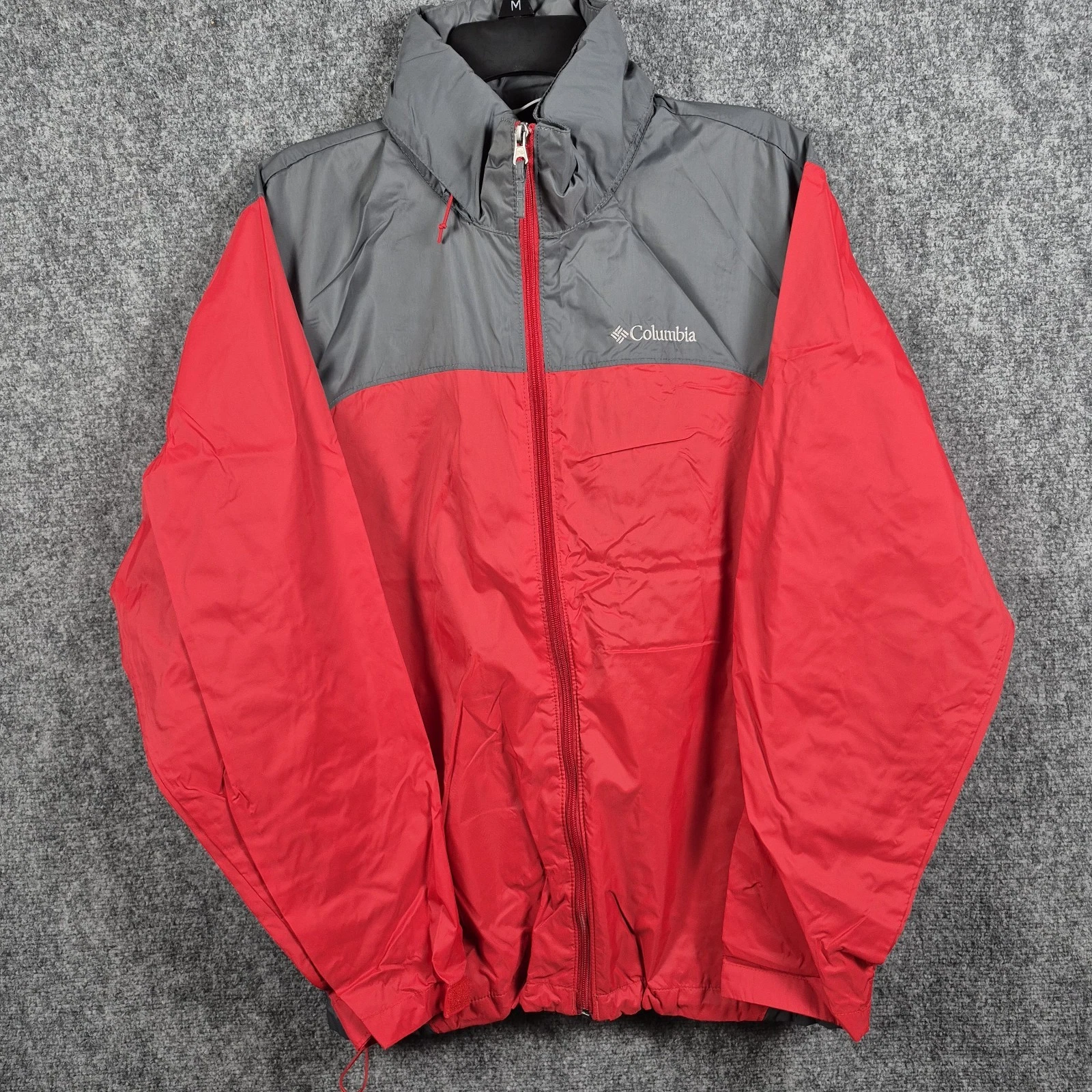 Columbia Jacket Mens Medium Red/Gray Raincoat Windbreaker Hooded Packable Y2K