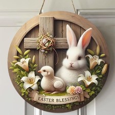 Easter Wreaths,SWEKKE Easter Wreath for Front Door, Wooden Easter Bunny Chick...