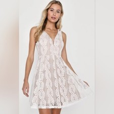 Lulus All of My Heart Skater Mini Dress White Lace Bridal Size Small