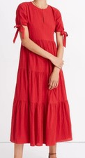 Madewell Womans Red Short Tie Sleeve Tiered Midi Dress in Swiss Dot Size MP