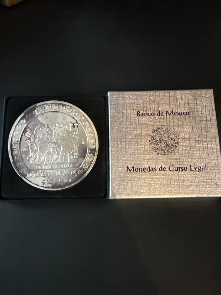 1992 Mexico 5 oz Silver $10,000 Piedra de Tizoc Coin Toned Aztec Design Treasure - Image 2 of 4