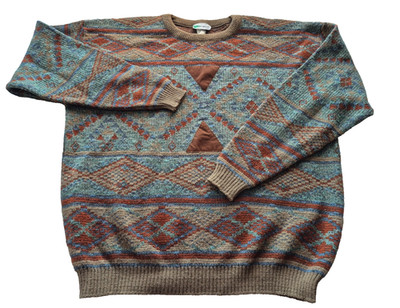 Vintage Porto Bello Grandpa Pullover Aztec Leather Patchwork Geo Crosby Men L