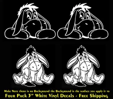 Eeyore Cartoon Four 3" White Vinyl Decals Car Truck Camper Laptop Phone Tablet