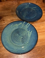 Original Art Signed Cley Pottery Plates Blue Teal Turquoise Glaze Swirl 10.5 EUC