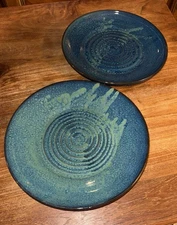 Original Art Signed Cley Pottery Plates Blue Teal Turquoise Glaze Swirl 10.5 EUC