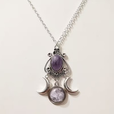 Pagan Gothic Wicca Glass Cabouchon Triple Moon Silver Tone 