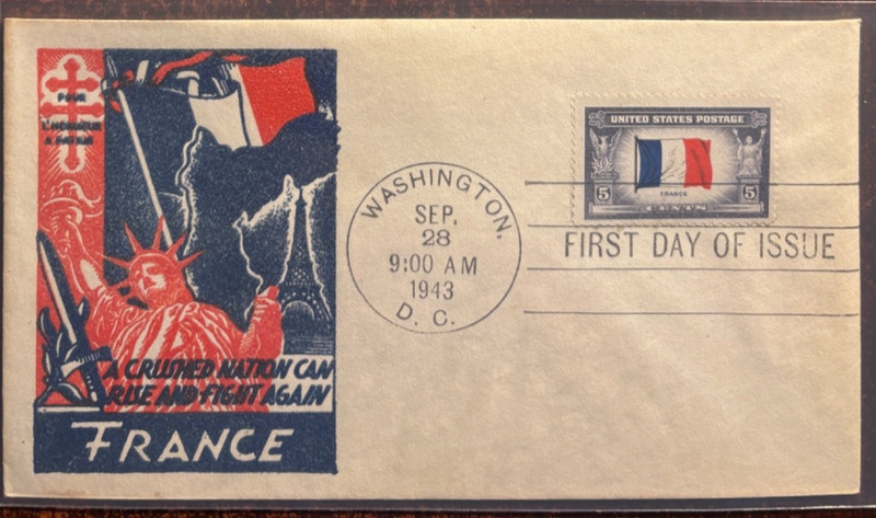 #915 Overrun Countries FDC: France with nice cachet, slight toning