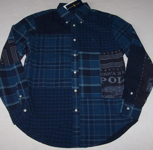NWT Ralph Lauren Navy/Blue PLAID PATCHWORK Eagle/Stars Shirt Men's S POLO PONY