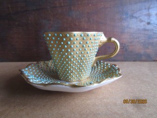 Antique Coalport Gold Gilded Turquoise Jeweled Cabinet Miniature Cup & Saucer