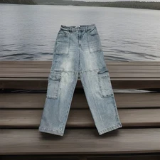 Madden NYC High Rise Cargo Jeans M (27x27.5) Blue Elastic Waist Stretch Womens