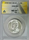 1948 Silver Ben Franklin Half Dollar, ANACS MS-64 FBL (Full Bell Lines)