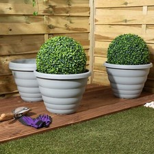 (Set of 3) Large 40cm Round Garden Plastic Planters Outdoor Plant Pots Grey Home