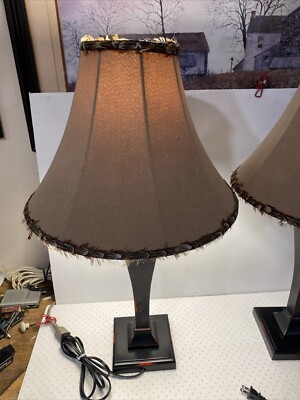 2 Vintage Desk Lamps C.N. BURMAN CO. WOODEN Distressed Look Black W/ Red Showing