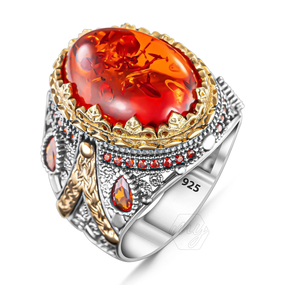 Anel masculino oval de prata esterlina 925 pedra âmbar do Báltico - Imagem 2 de 4