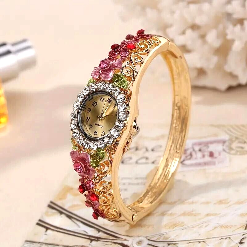 Reloj pulsera analógico cuarzo diamantes imitación flores estilo barroco mujer