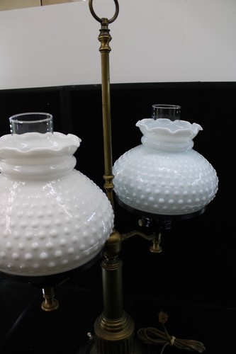 Vintage Double Arm Brass Student Hurricane Lamp w/ White Hobnail Shades {423} - Picture 10 of 10