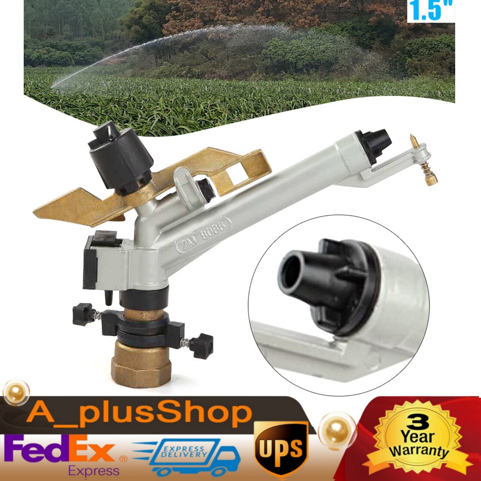 1.5 in 360° Adjustable Impact Sprinkler Lawn Water Irrigation Big Area Spray Gun