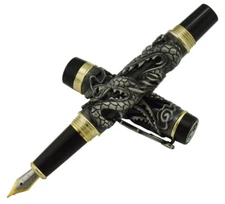 Jinhao Dragon Phoenix Vintage Fountain Pen, Luxury Carving Pen, Gray & Black