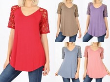 Women's V-Neck Lace Short Sleeve  3/4 Sleeve Round Dolphin Hem Blouse Top Tunic