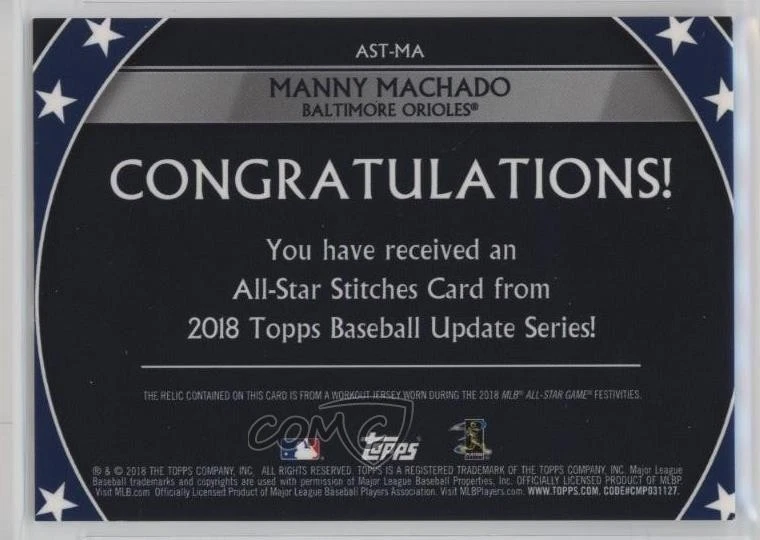 2018 Topps Update All-Star Stitches Manny Machado #AST-MA - Image 2 of 2